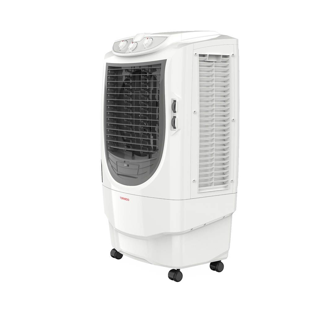Tornado 70L Digital Air Cooler with 3 speeds & remote, strong airflow, stylish white-grey design – perfect for summer. مبرد تورنيدو رقمي قوي بريموت وتحكم.