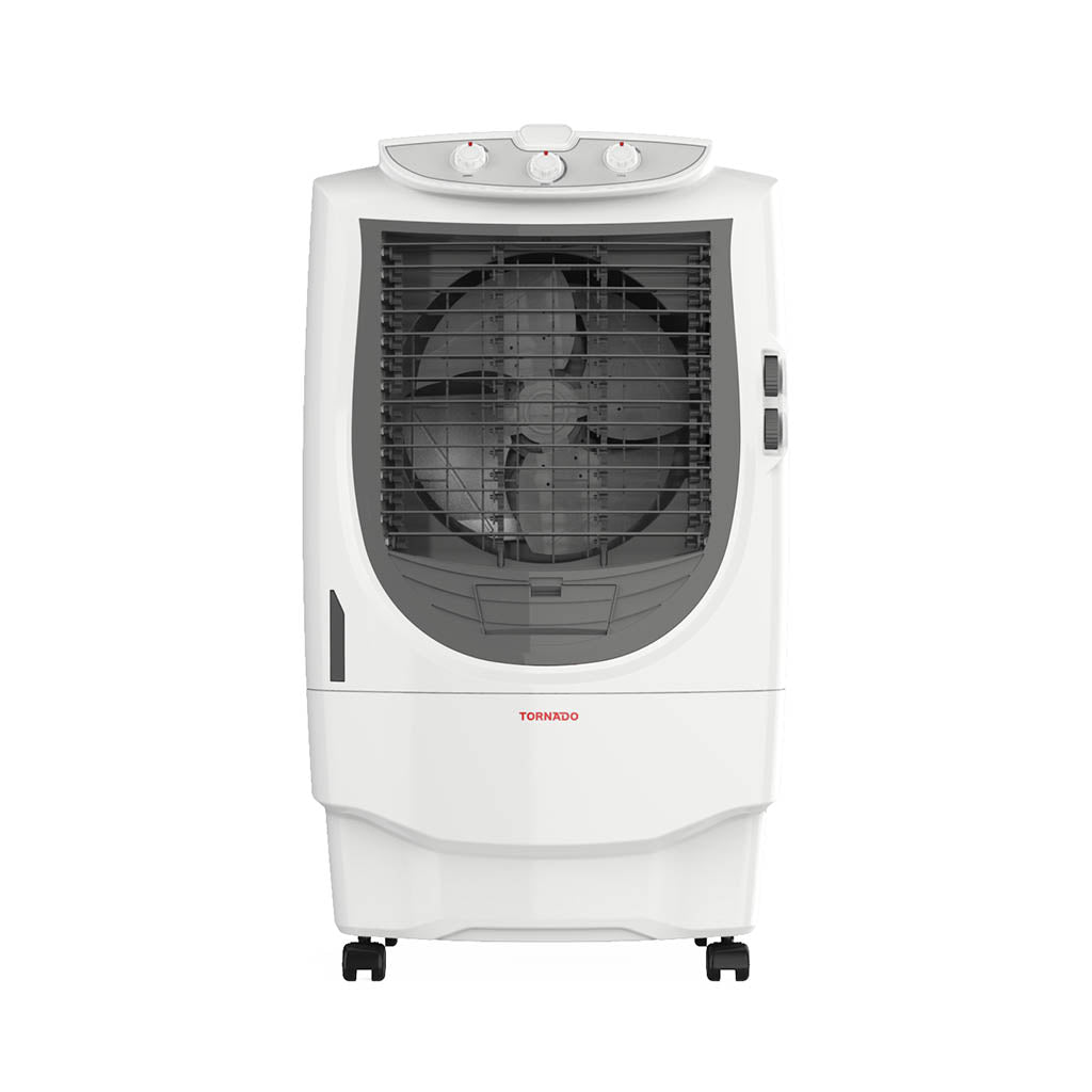 Tornado 70L Digital Air Cooler with 3 speeds & remote, strong airflow, stylish white-grey design – perfect for summer. مبرد تورنيدو رقمي قوي بريموت وتحكم.