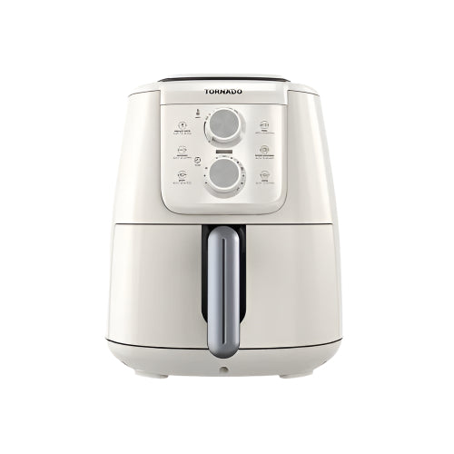 استمتع بتورنيدو اير فراير 4 لتر 1550 وات لتحضير طعام صحي بدون زيت، تصميم أنيق وتحكم يدوي، بضمان سنتين – Tornado Air Fryer 4L 1550W Manual Control.
