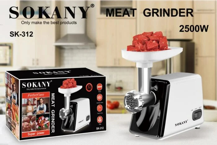 مفرمه لحم سوكانى2500 وات SK-312 قوية وسهلة الاستخدام، Sokany meat grinder 2500W with dual speed and accessories for efficient meat grinding