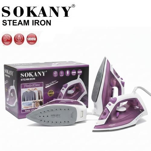 Sokany 1800W steam iron, ceramic base, strong steam, 220ml tank, lightweight & ergonomic – مكواه سكواني 1800 وات بقاعدة سيراميك سهلة الحمل.