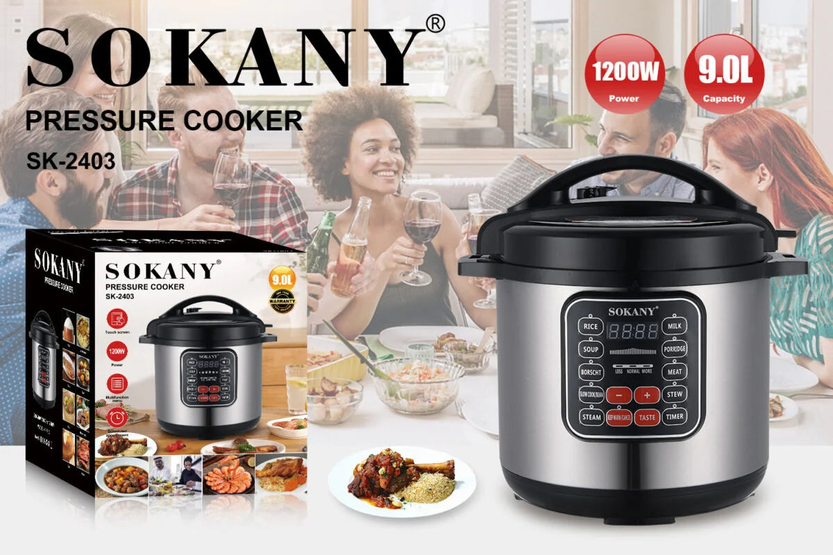 حلى ضغط سوكاني 9 لتر 1200 وات مع 8 برامج تشغيل وسعة كبيرة، توصيل وضمان داخل مصر | Sokany 9L Pressure Cooker 1200W with delivery and warranty in Egypt