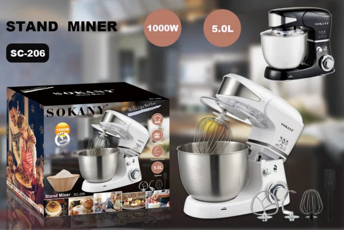 عجانه سوكانى 5 لتر 1000 وات، 6 سرعات وسعة 5 لتر مع ضمان وتوصيل سريع | Sokany 5L 1000W stand mixer with delivery & warranty in Egypt.