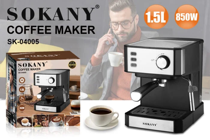 ماكينه اسبريسو سوكاني 850 وات 1.5 لتر مع ضمان وتوصيل سريع | Sokany 850W 1.5L espresso machine with delivery and warranty in Egypt.