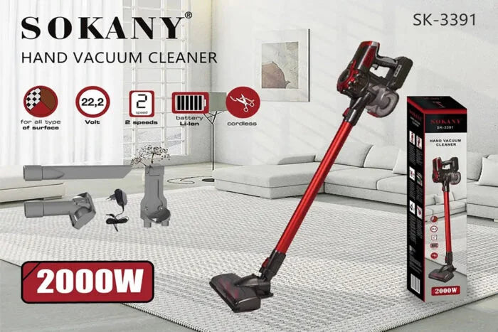 مكنسه سوكاني 2000 وات 2سرعه شحن عمود مع بطارية إضافية - Sokany 2000W 2-speed cordless upright vacuum, efficient cleaning, delivery & warranty