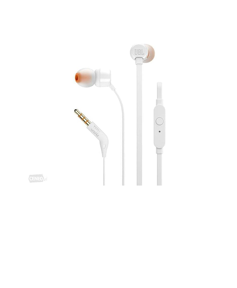 JBL T110 wired in-Ear Headphones Headset With a stunning user friendly design and Pure Bass sound, one button remote with microphone, tangle-free flat cable - white