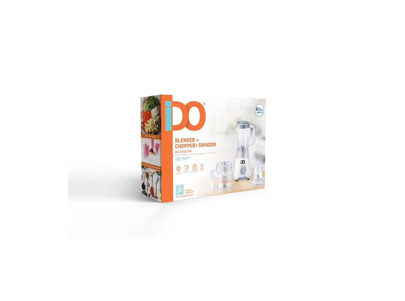 IDO Plastic Blender with Grinder & Chopper Mill, 600 Watt - BLCH600-WH - White - 2 Years Warranty