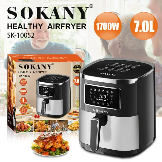 Sokany 1700W Air Fryer 7L digital with 8 programs and 80–200°C temperature range, delivery and warranty in Egypt | قلايه سوكاني 1700 وات سعة 7 لتر ديجيتال 8 برامج مع ضمان وتوصيل داخل مصر