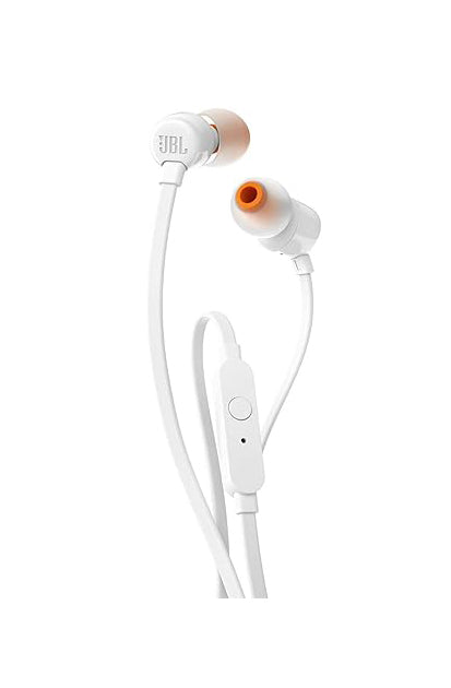 JBL T110 wired in-Ear Headphones Headset With a stunning user friendly design and Pure Bass sound, one button remote with microphone, tangle-free flat cable - white