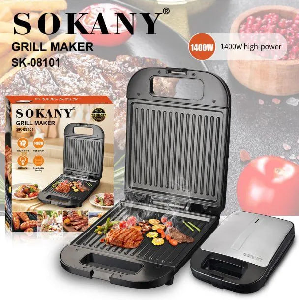 شواية كهرباء سوكاني 1400 وات SK-08101 اسود وفضى سطح طهي واسع وغير لاصق Sokany Electric Grill 1400W for sandwiches & grilling with delivery and warranty