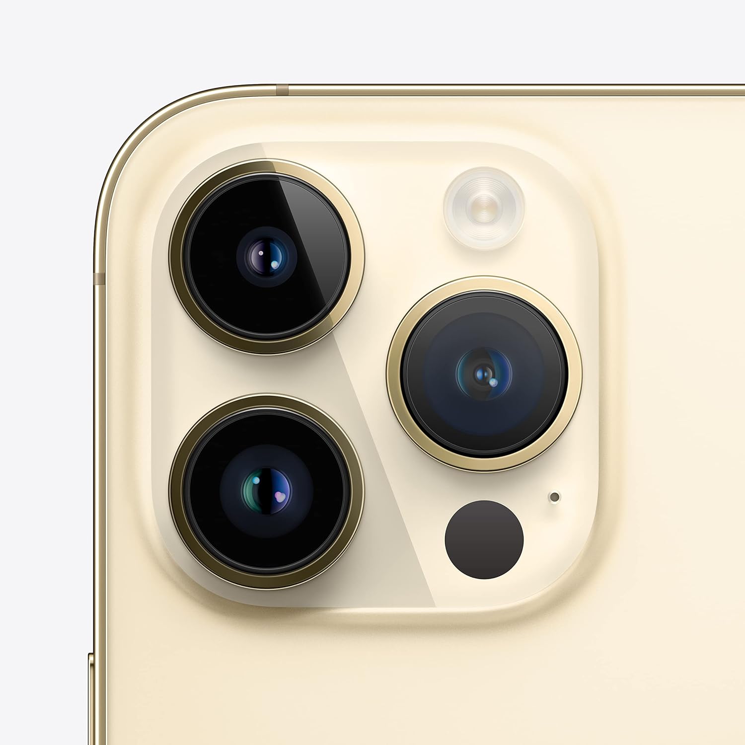 Close-up of a smartphone camera module with three lenses on a light gray background