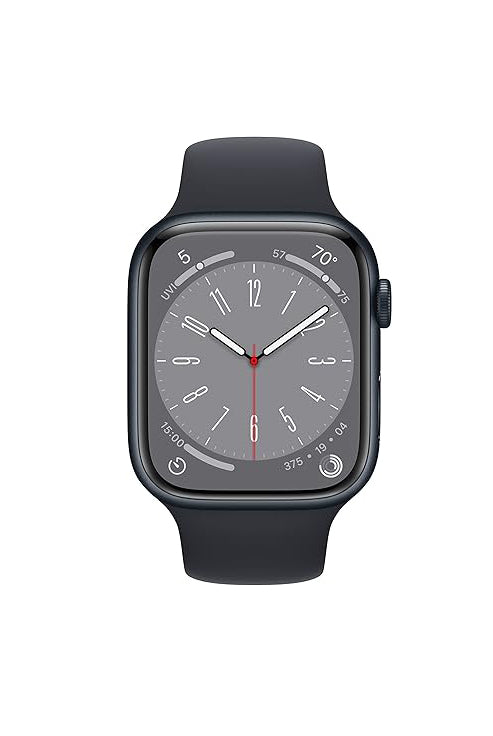 ساعة أبل 45 مم Series 8 - ميدنايت، شاشة ساطعة، مقاومة للماء، ميزات صحة متقدمة. Apple Watch 45mm Series 8 Midnight with health tracking and water resistance.