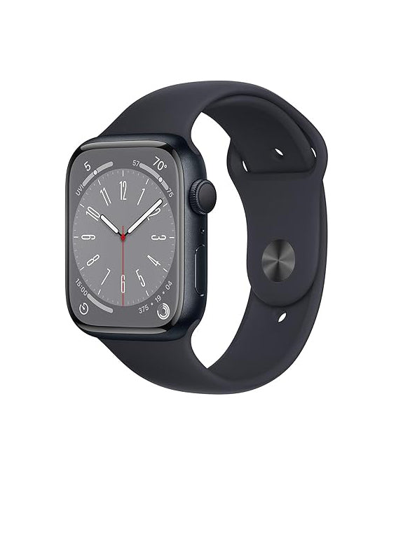ساعة أبل 45 مم Series 8 - ميدنايت، شاشة ساطعة، مقاومة للماء، ميزات صحة متقدمة. Apple Watch 45mm Series 8 Midnight with health tracking and water resistance.