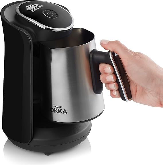 ماكينة ارزوم اوكا لتحضير القهوة التركية بسعة 4 أكواب، قدرة 480 واط، تصميم معدني فضي/ذهبي، مزودة بمستشعرات أمان وخزان قابل للإزالة مع ضمان سنة.