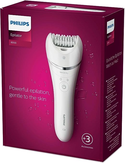 Philips Epilator Series 8000 Model BRE700/00 Wet and Dry Cordless Epilator for Legs and Body with 3 Attachments