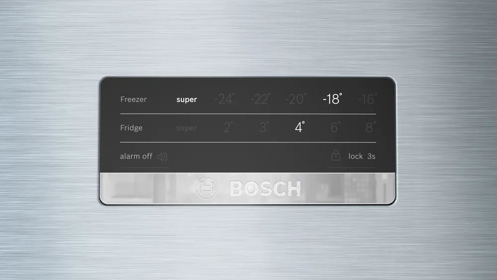 ثلاجة Bosch KDN76XI3E8 بسعة 581 لتر بتقنية نوفروست وتبريد فائق، تصميم فضي أنيق. Bosch NoFrost 581L fridge with Super Cooling and sleek silver finish.