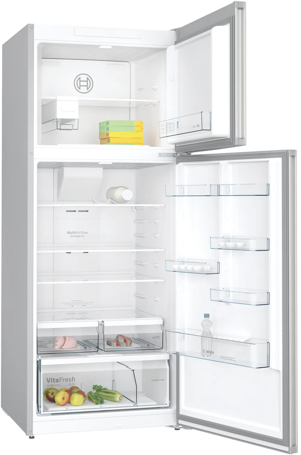 ثلاجة Bosch KDN76XI3E8 بسعة 581 لتر بتقنية نوفروست وتبريد فائق، تصميم فضي أنيق. Bosch NoFrost 581L fridge with Super Cooling and sleek silver finish.