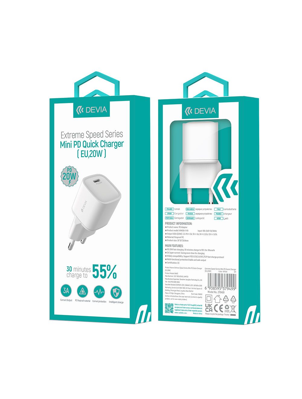 ديفيا شاحن سريع صغير Smart Series PD 20W لشحن سريع وآمن للهواتف والأجهزة اللوحية. Devia Mini PD 20W Quick Charger EU for fast and safe charging.