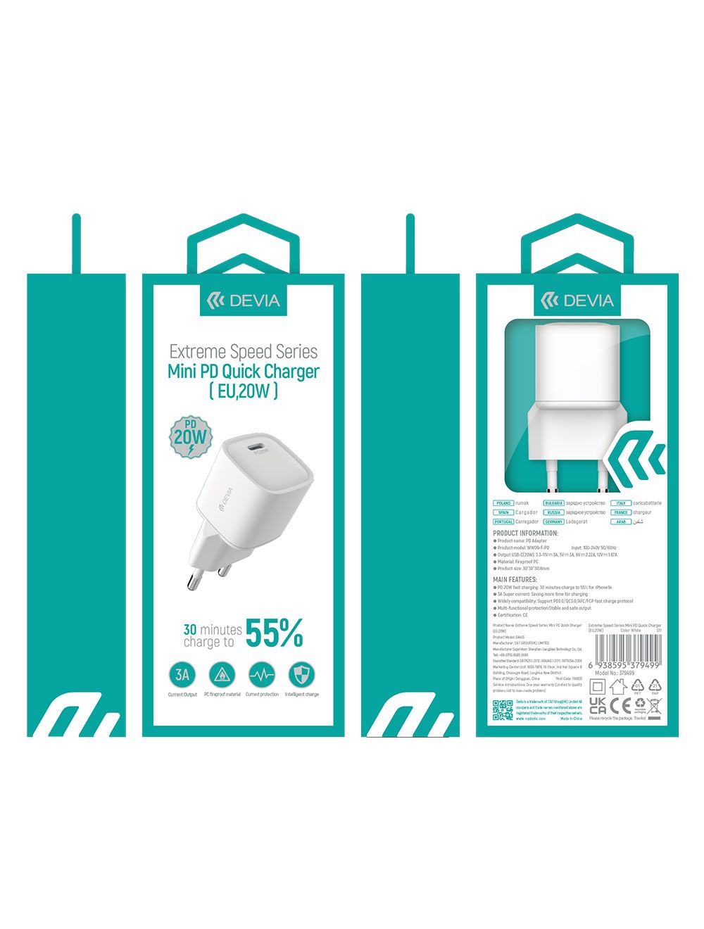 ديفيا شاحن سريع صغير Smart Series PD 20W لشحن سريع وآمن للهواتف والأجهزة اللوحية. Devia Mini PD 20W Quick Charger EU for fast and safe charging.