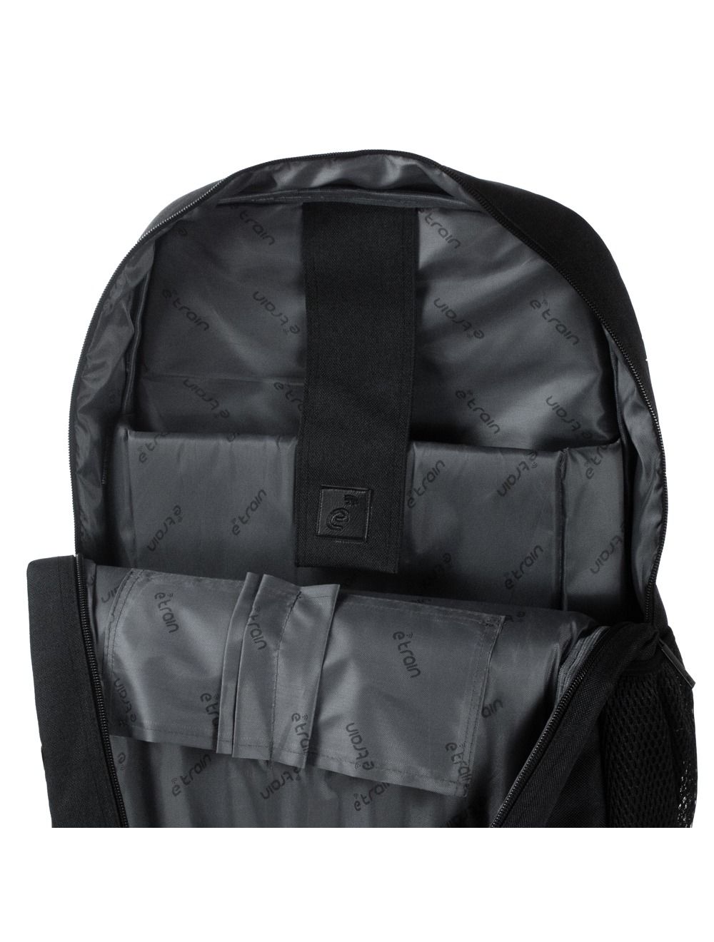 شنطة اي ترين BG02B سوداء 15.6 بوصة مقاومة للماء مع جيب رئيسي مبطن وحزام أمان. Etrain BG02B black backpack 15.6” water-resistant padded laptop pocket.