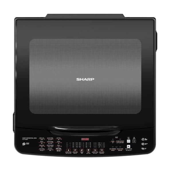 غسالة شارب 15 كجم انفرتر موفرة للطاقة مع طلمبة وتصميم أسود أنيق – Sharp 15kg inverter washing machine black with pump and smart features.