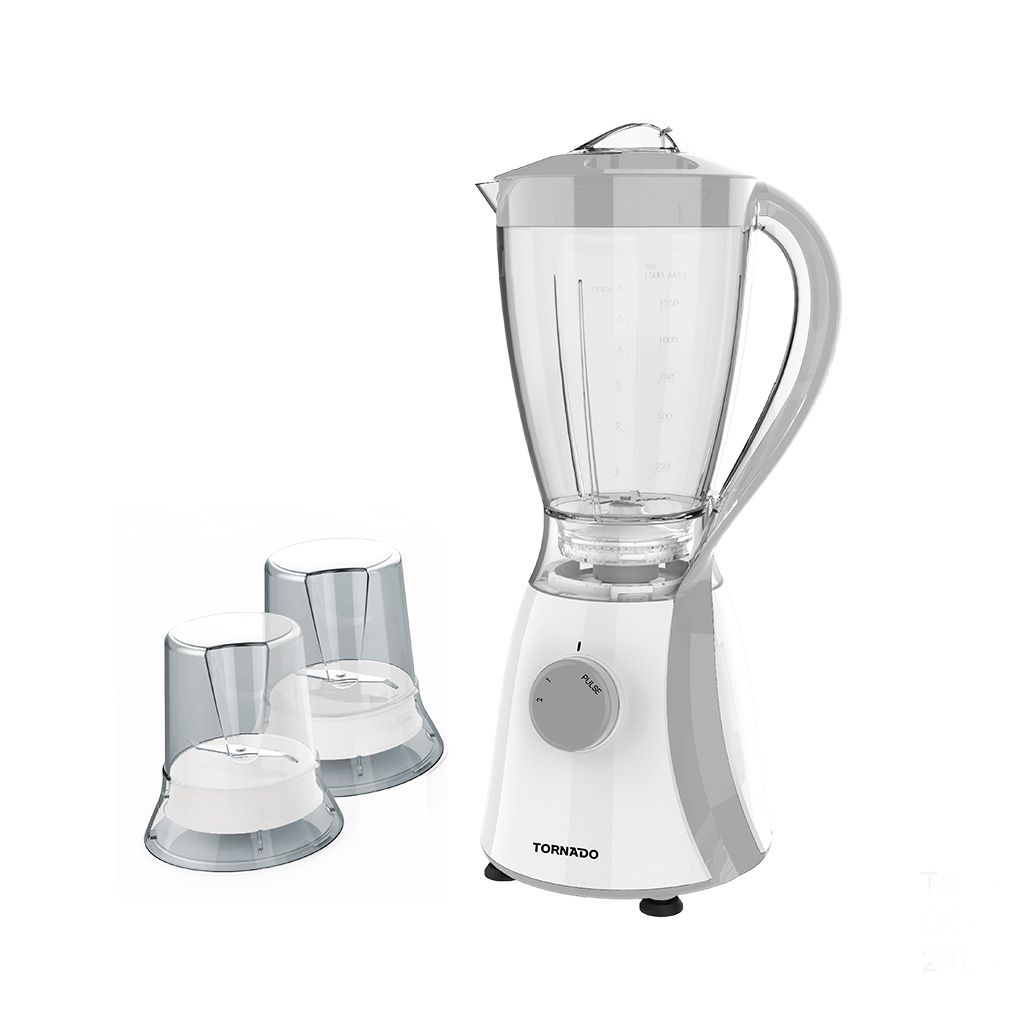 خلاط تورنيدو 600 وات سعة 1.5 لتر مع 2 مطحنة وضمان سنة، Blender Tornado 600W for daily use with dual mills and 1-year warranty.