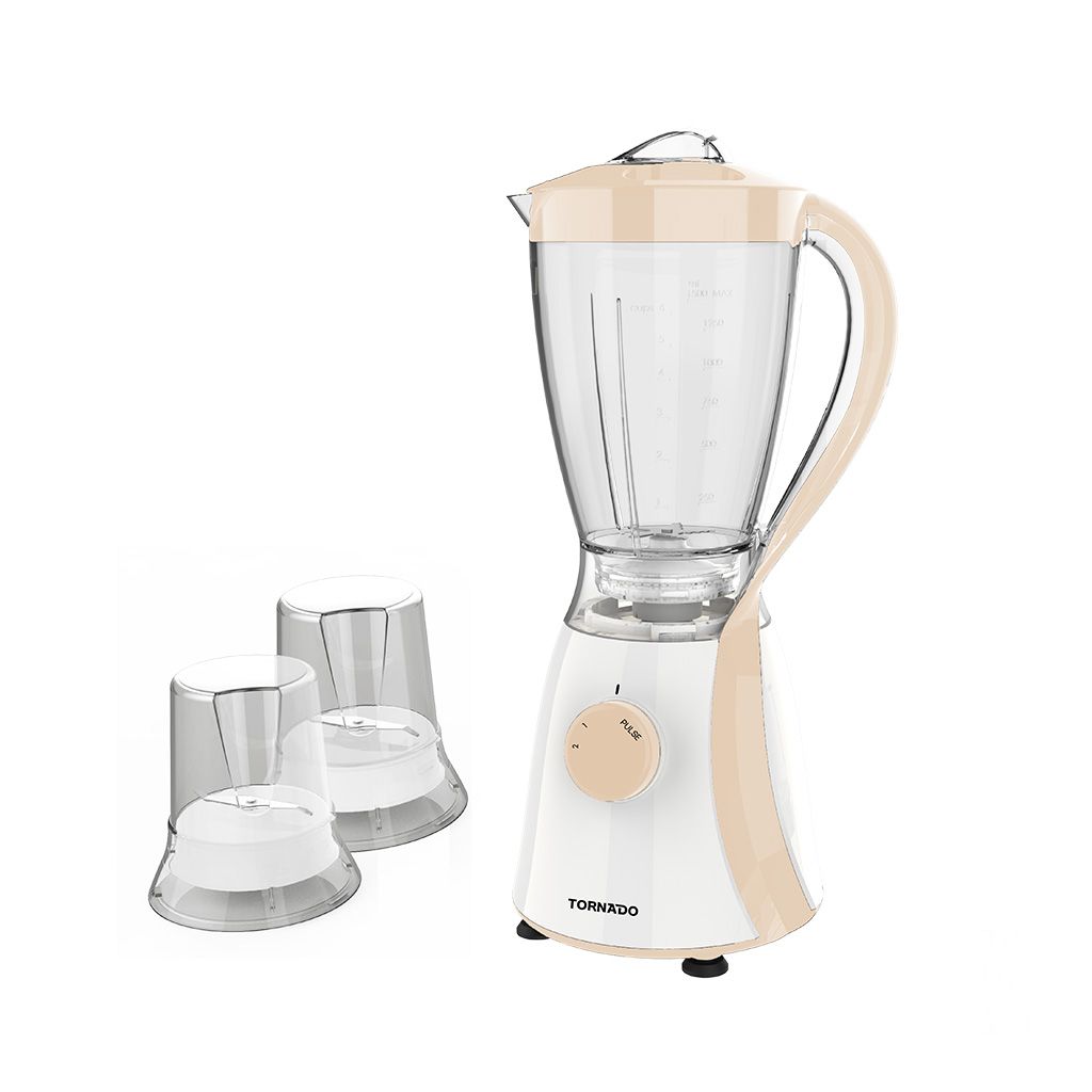 خلاط تورنيدو 600 وات سعة 1.5 لتر مع 2 مطحنة وضمان سنة، Blender Tornado 600W for daily use with dual mills and 1-year warranty.
