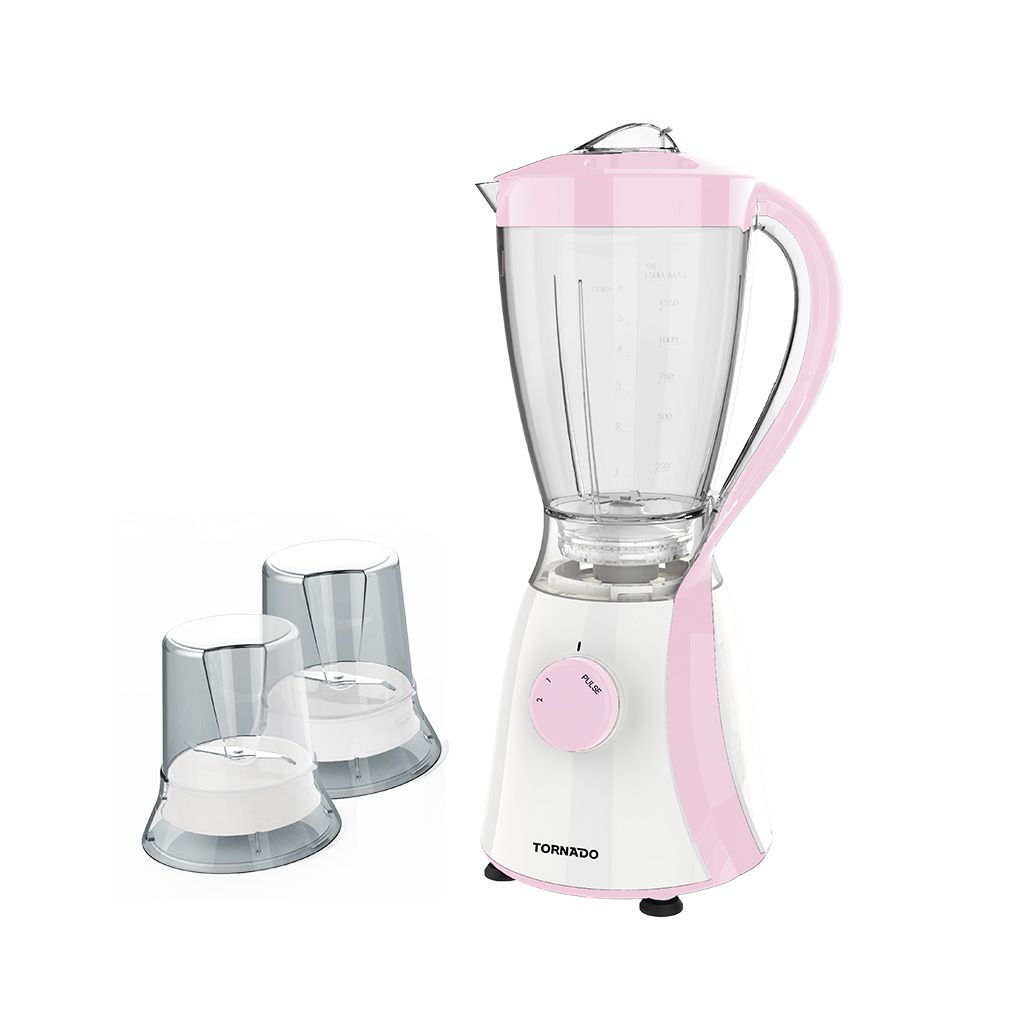 خلاط تورنيدو 600 وات سعة 1.5 لتر مع 2 مطحنة وضمان سنة، Blender Tornado 600W for daily use with dual mills and 1-year warranty.