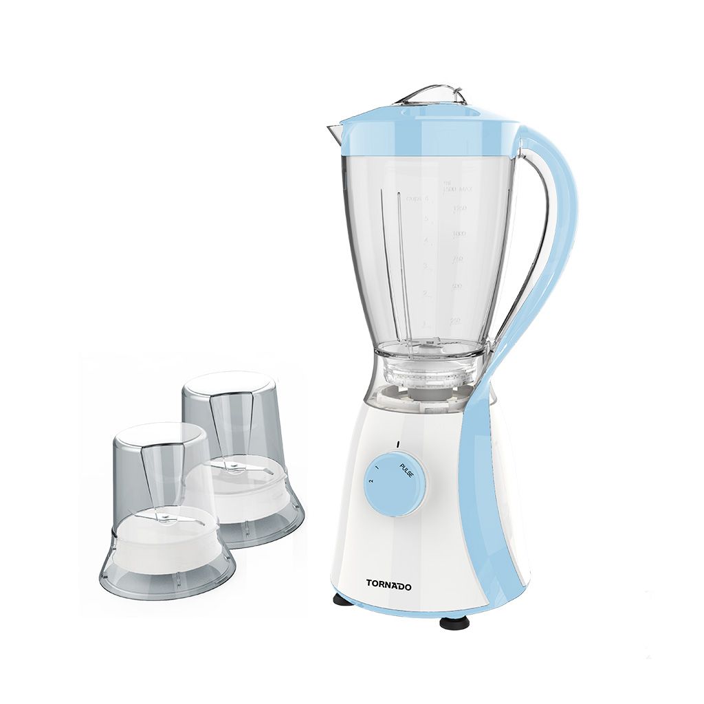 خلاط تورنيدو 600 وات سعة 1.5 لتر مع 2 مطحنة وضمان سنة، Blender Tornado 600W for daily use with dual mills and 1-year warranty.