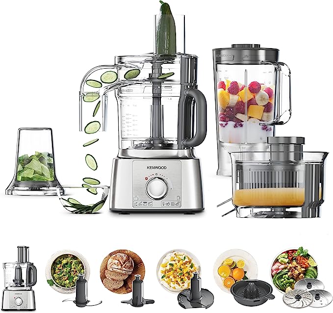 Kenwood Multipro Express Food Processor, 3.0 Litre Bowl With Express Serve, 1.2 Litre Blender, Dough Hook, Whisk, 3 Slicing and Grating Discs, Multi Mill, 1000 Watts , FDP65.880SI , Silver.