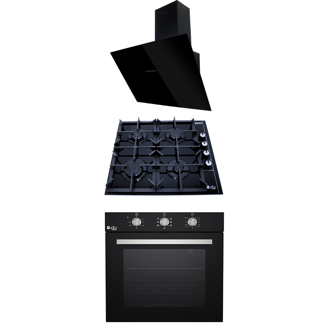 Purity’s Cooker Hood and built-in oven and Gas Hob Flow Bl 60 cm + HPT602G+ OPT602GG