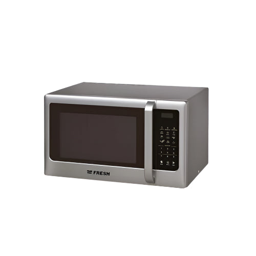 ميكروويف فريش 25 لتر فضي 900W مع 8 مستويات للطاقة وخاصية التايمر وDefrost – ضمان عامين | Fresh 25L Microwave Silver, 900W with 2 years warranty.