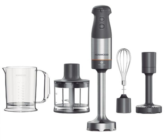 Kenwood Triblade XL Hand Blender, Mixer with Anti-Splash, Chopper 500ml, Metal Whisk and Masher Attachment and BPA-Free Plastic Beaker, HBM60.307GY, Dishwasher Safe, 1000W, Grey