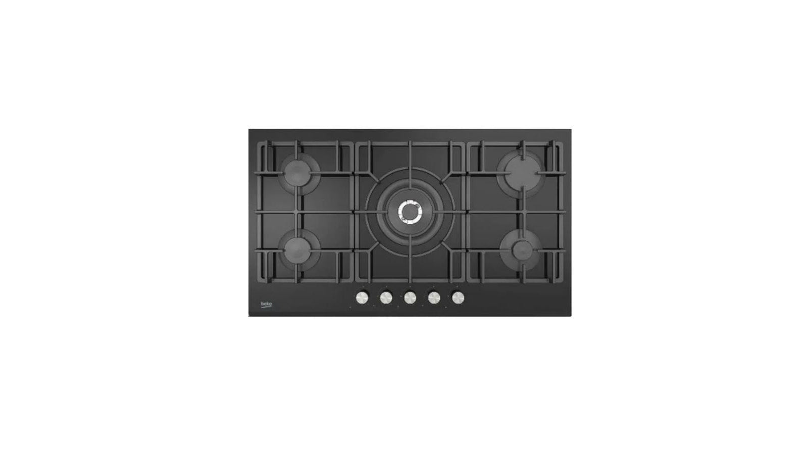 Beko Built-in Gas Hob - Black Glass - 90cm - 5 Burners - Cast Iron Holders - HISW 95226 SEL