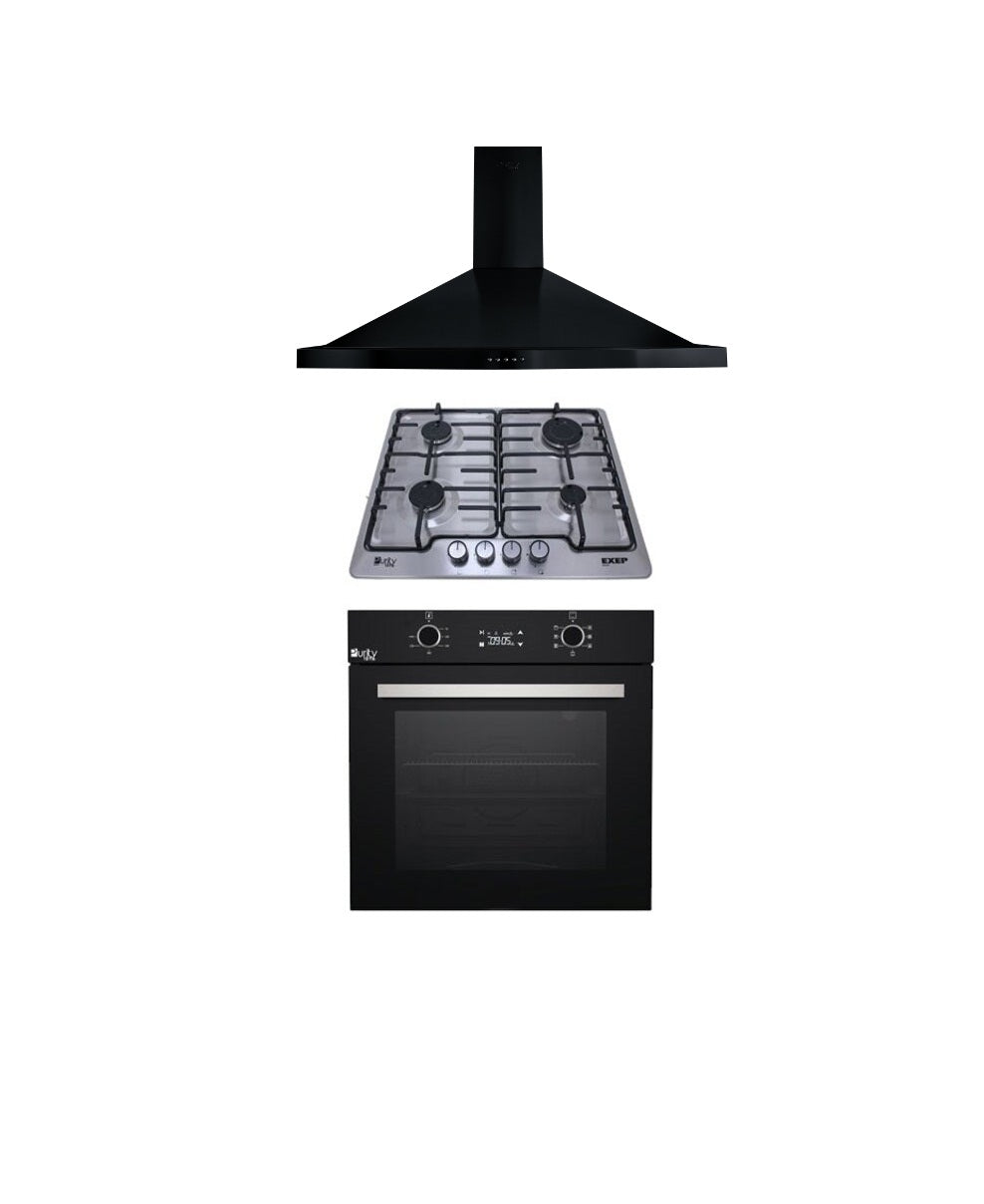 Purity set 60 cm stainless steel. Flat 4 gas burners HPT604S. Full gas oven 97 liters OPT60GED. Pyramid hood PENTO60