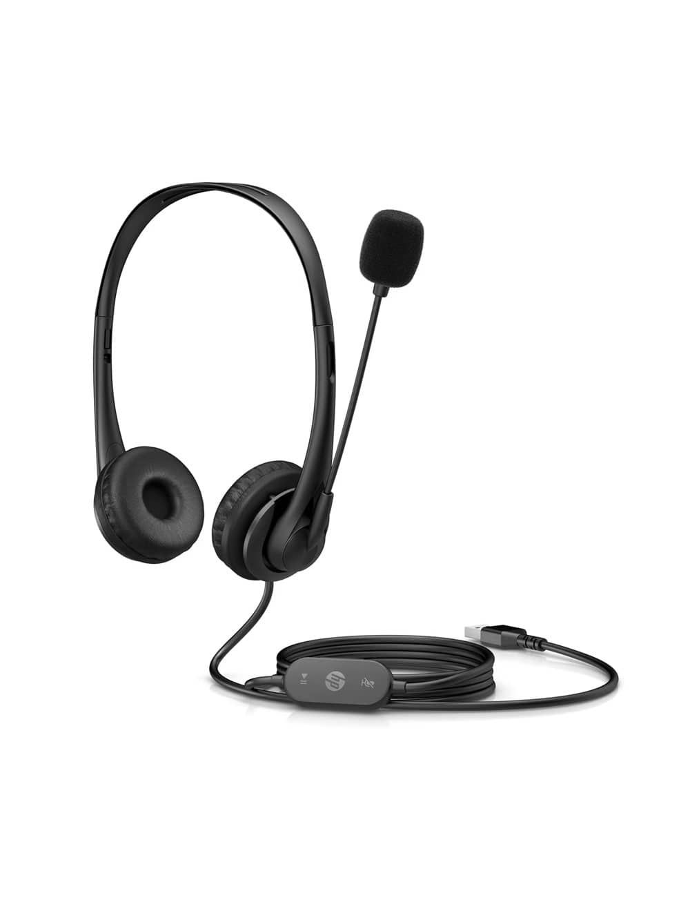 سماعة HP Stereo G2 USB مع ميكروفون عازل للضوضاء وتصميم خفيف. HP USG-G2-428H5AA USB headset with noise-cancelling mic and lightweight design.