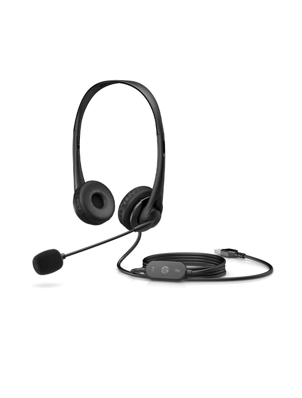 سماعة HP Stereo G2 USB مع ميكروفون عازل للضوضاء وتصميم خفيف. HP USG-G2-428H5AA USB headset with noise-cancelling mic and lightweight design.