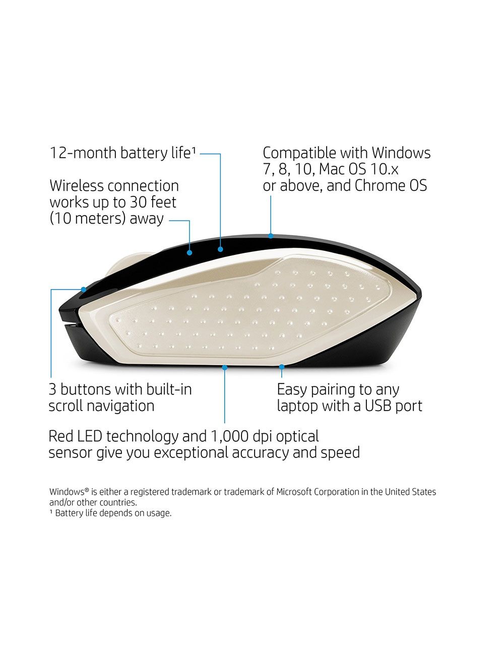 اكتشف اتش بي ماوس لاسلكي 200 الذهبي مع دقة 1000 DPI وراحة يد عالية مع ضمان سنة كاملة من Cairo Drop – Get the best HP wireless mouse now.