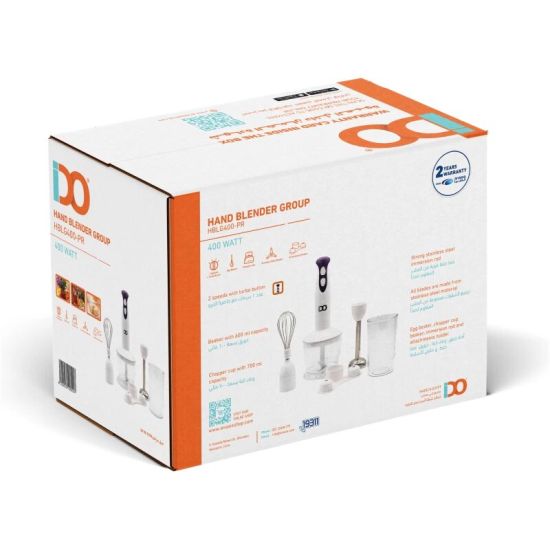 اشتري طقم خلاط يدوي أي دو 400 وات بنفسجي وأبيض - HBLG400-PR مع وعاء 800 مل وضمان رسمي | Buy IDO Hand Blender Set 400W, 800ml online in Egypt.