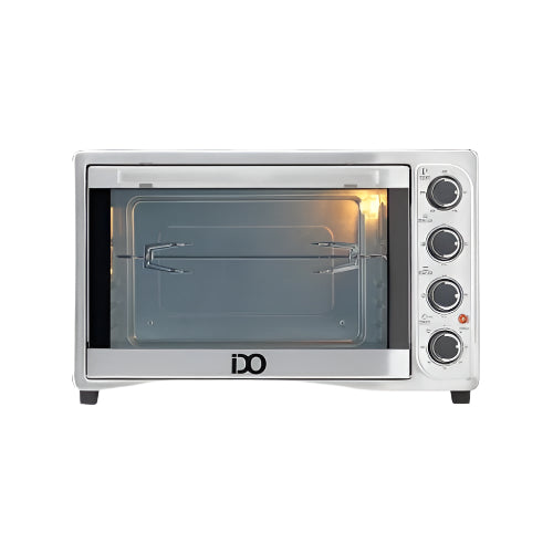 فرن كهربائي اي دو سعة 50 لتر بقدرة 2000 وات مع جريل وتايمر وتصميم فضي أنيق. IDO electric oven 50L, 2000W, grill, timer, stylish silver design.