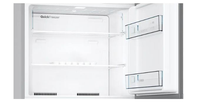 ثلاجة بوش KDN43NL2E8 ستانليس ستيل No Frost بسعة كبيرة وتبريد متساوي، احصل عليها الآن. Bosch KDN43NL2E8 fridge with top freezer and uniform cooling.