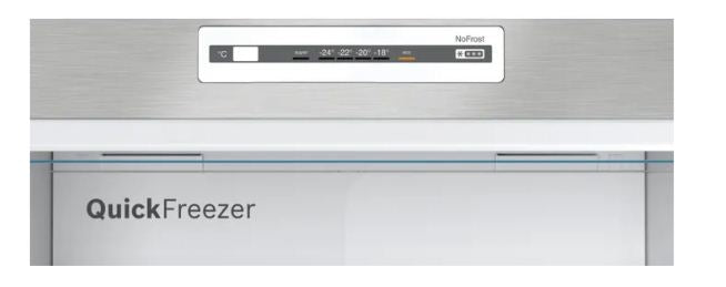 ثلاجة بوش KDN43NL2E8 ستانليس ستيل No Frost بسعة كبيرة وتبريد متساوي، احصل عليها الآن. Bosch KDN43NL2E8 fridge with top freezer and uniform cooling.