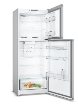 ثلاجة بوش KDN43NL2E8 ستانليس ستيل No Frost بسعة كبيرة وتبريد متساوي، احصل عليها الآن. Bosch KDN43NL2E8 fridge with top freezer and uniform cooling.