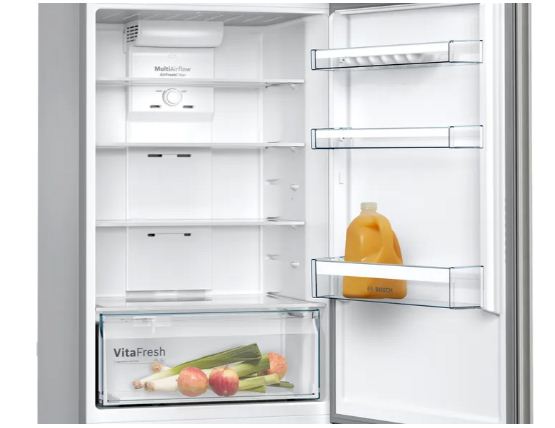 ثلاجة بوش KDN43VL2E8 No Frost ستانليس ستيل بسعة كبيرة وتجميد فائق. Bosch KDN43VL2E8 fridge with full No Frost and efficient cooling.