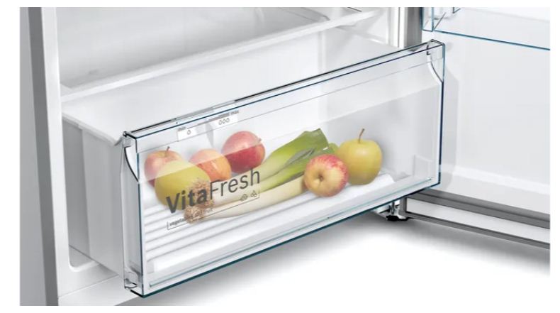 ثلاجة بوش KDN43VL2E8 No Frost ستانليس ستيل بسعة كبيرة وتجميد فائق. Bosch KDN43VL2E8 fridge with full No Frost and efficient cooling.