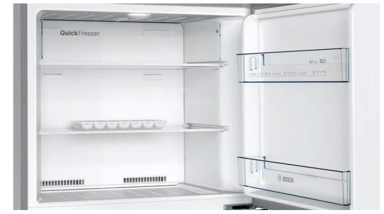 ثلاجة بوش KDN43VL2E8 No Frost ستانليس ستيل بسعة كبيرة وتجميد فائق. Bosch KDN43VL2E8 fridge with full No Frost and efficient cooling.