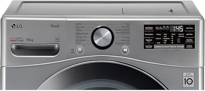 مجفف LG Dryer RH16U8EVCW سعة 16 كجم، تجفيف ذكي موفر للطاقة Dual Inverter وعناية فائقة بالملابس. LG dryer 16KG inverter with fabric care.