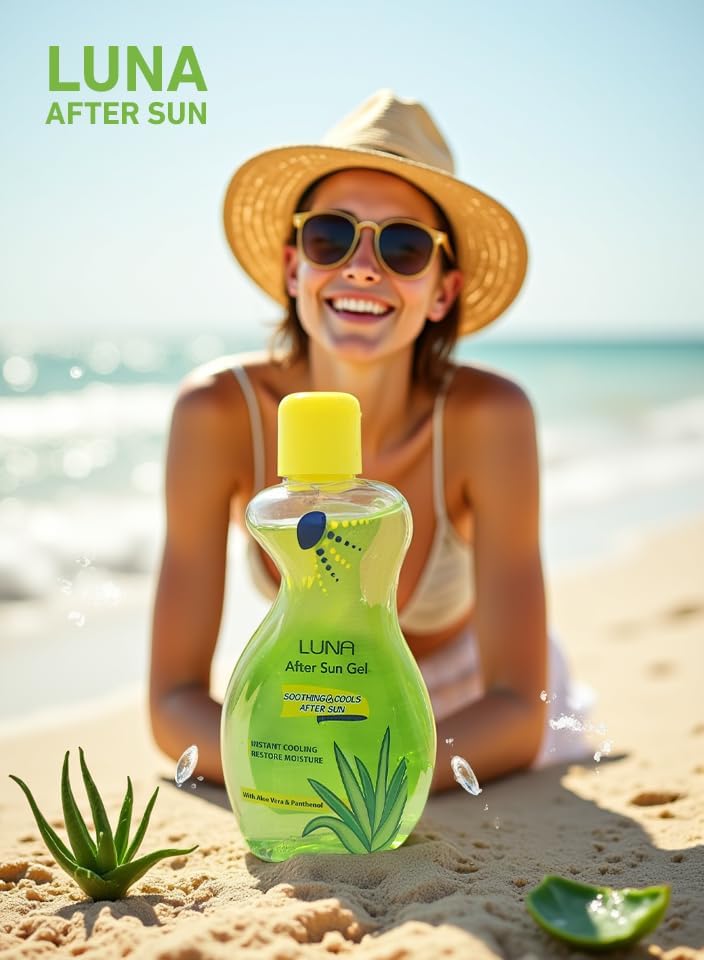 جل لونا after sun gel يهدئ البشرة ويقلل الاحمرار بعد التعرض للشمس مع ترطيب فوري وتركيبة بخلاصة الصبار، Luna After Sun Gel for fast soothing and hydration.