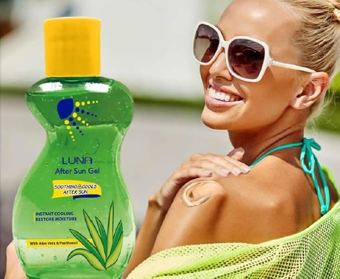 جل لونا after sun gel يهدئ البشرة ويقلل الاحمرار بعد التعرض للشمس مع ترطيب فوري وتركيبة بخلاصة الصبار، Luna After Sun Gel for fast soothing and hydration.