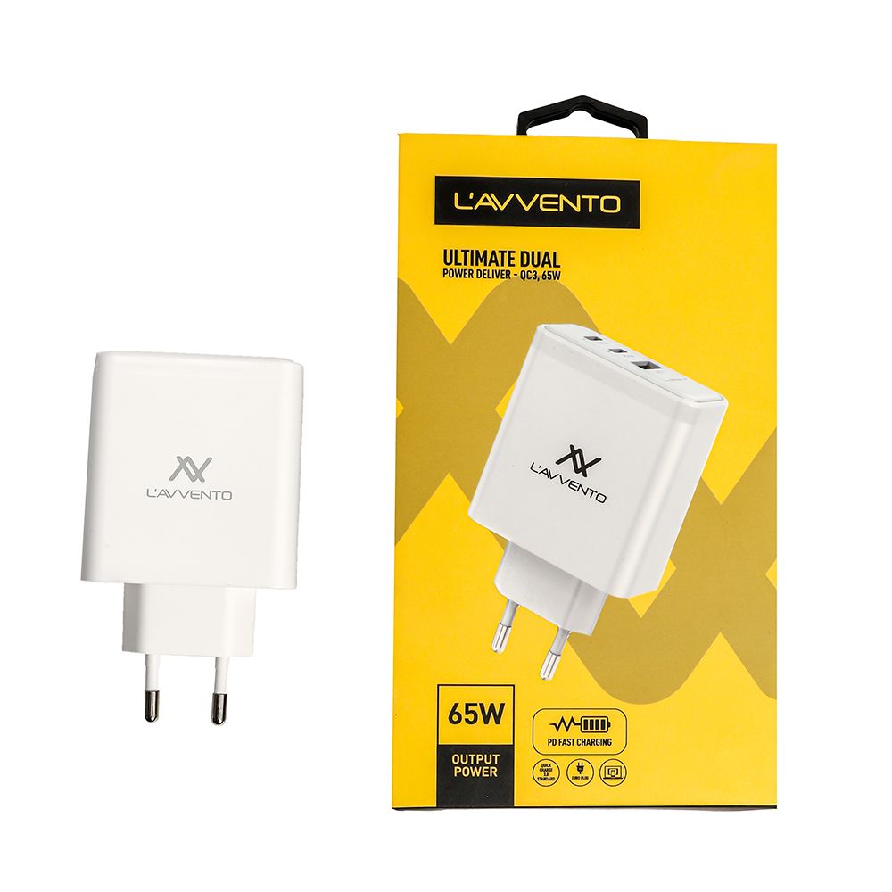 لافينتو (MP367) شاحن سريع بمدخلين PD / QC3 بقوة 65 وات - أبيض

